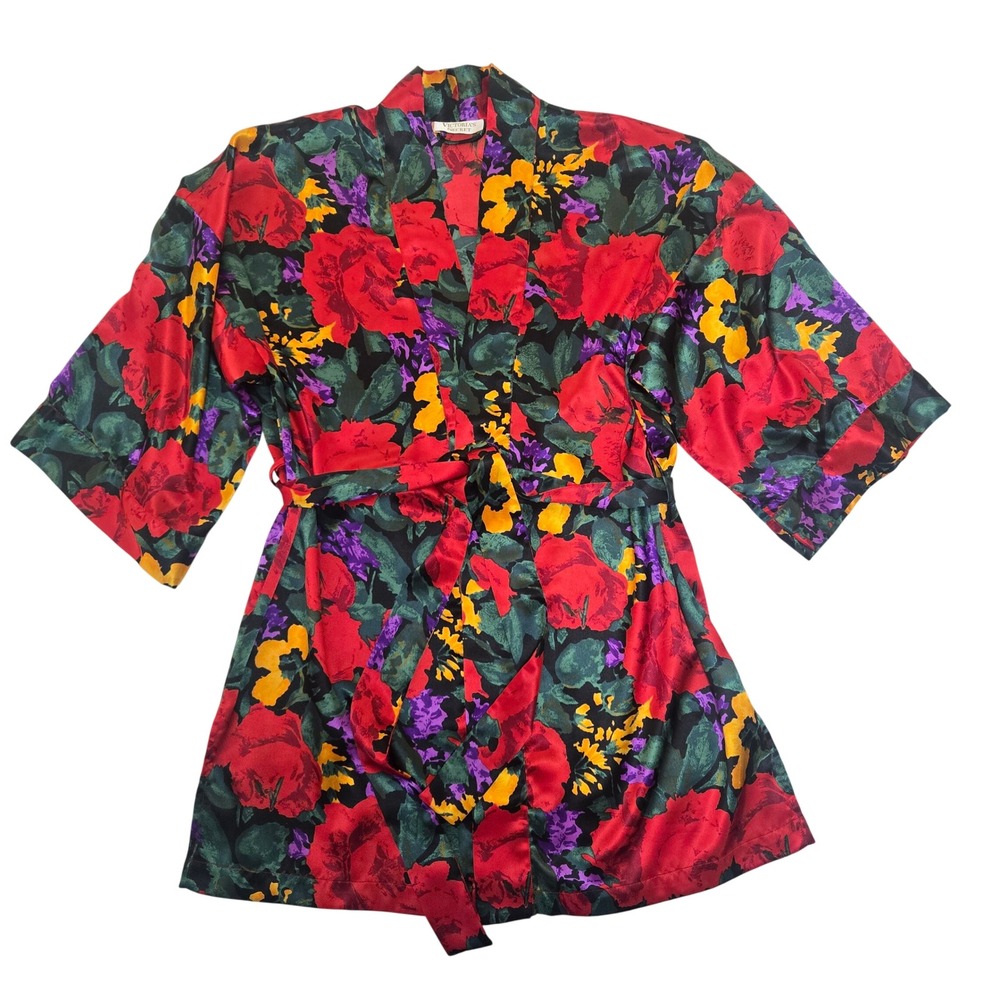 Vtg Victorias Secret Gold Label Floral Satin Robe Kimono Red‎ M Maximalist Bold